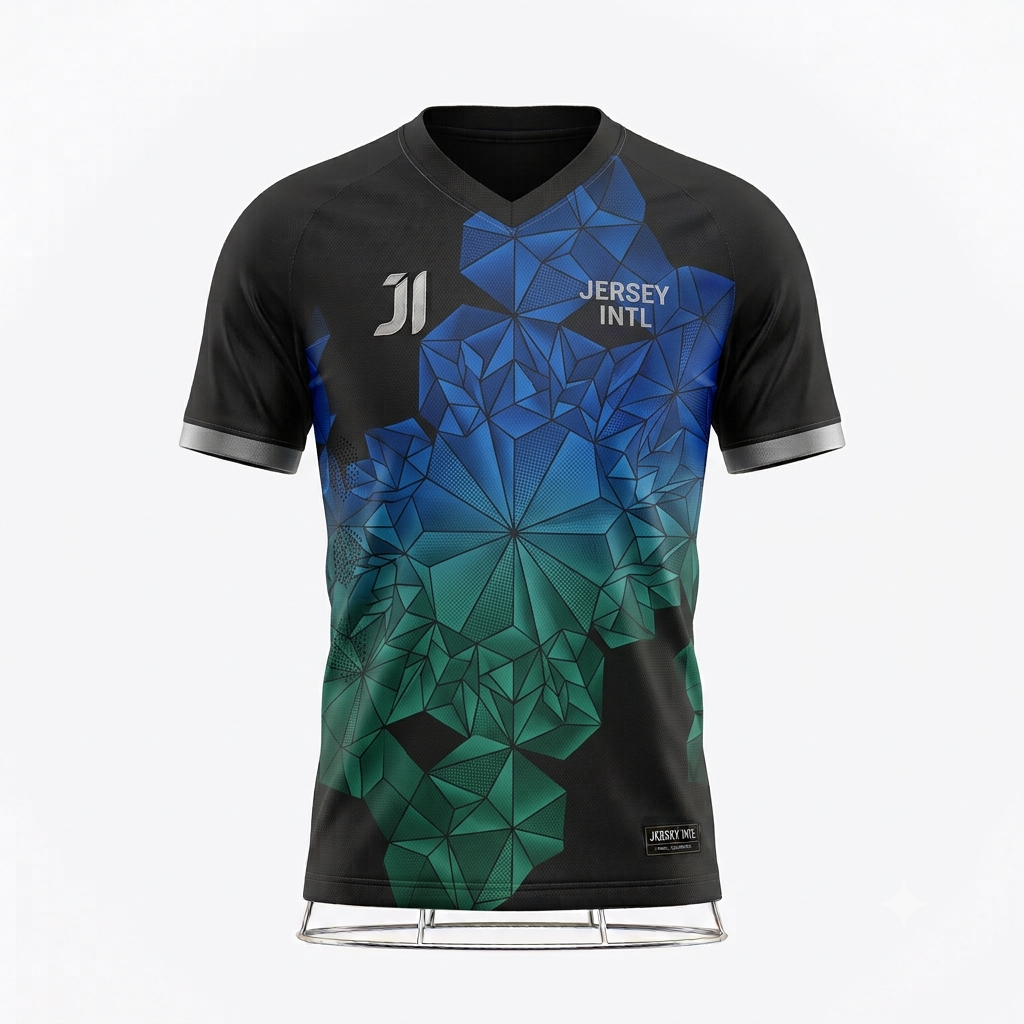 JERSEY INTL (JI) Branded 'Crystalline Prism' Charcoal, Teal & Cobalt Performance Soccer Jersey - Elite Series Kit