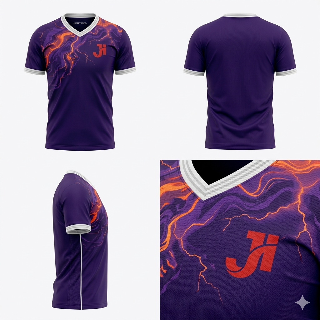 JERSEY INTL (JI) Branded Amethyst Storm Purple Soccer Jersey - Lava Orange Lightning Graphic - Adult Performance Football Shirt