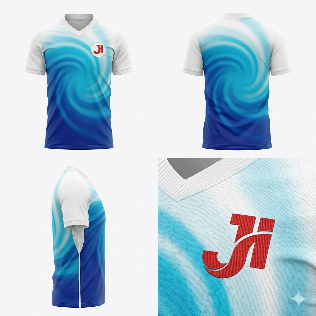 JERSEY INTL (JI) Branded Arctic Vortex White Soccer Jersey - Deep Blue to Cyan Gradient - Adult Performance Football Shirt