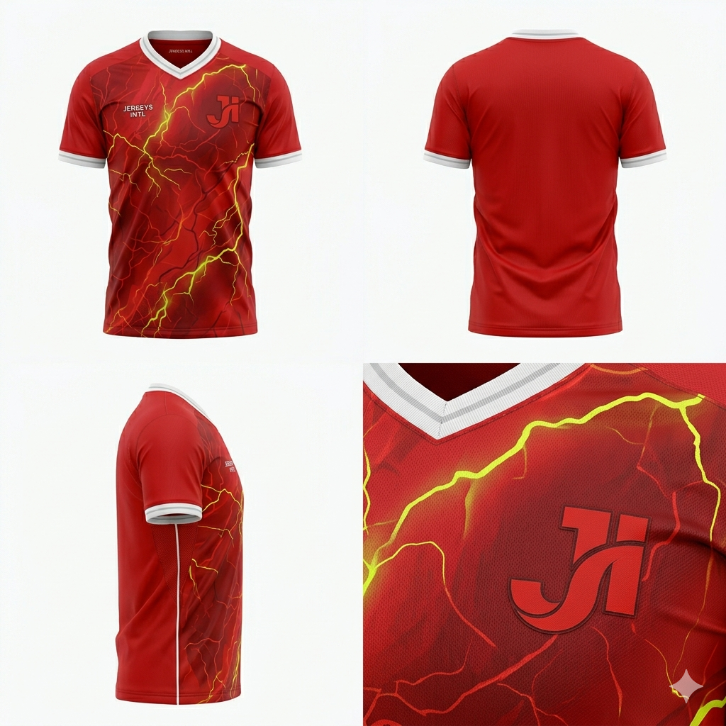 JERSEY INTL (JI) Branded Crimson Fuse Red Soccer Jersey - Volt Yellow &amp; Neon Graphic - Adult Performance Football Shirt
