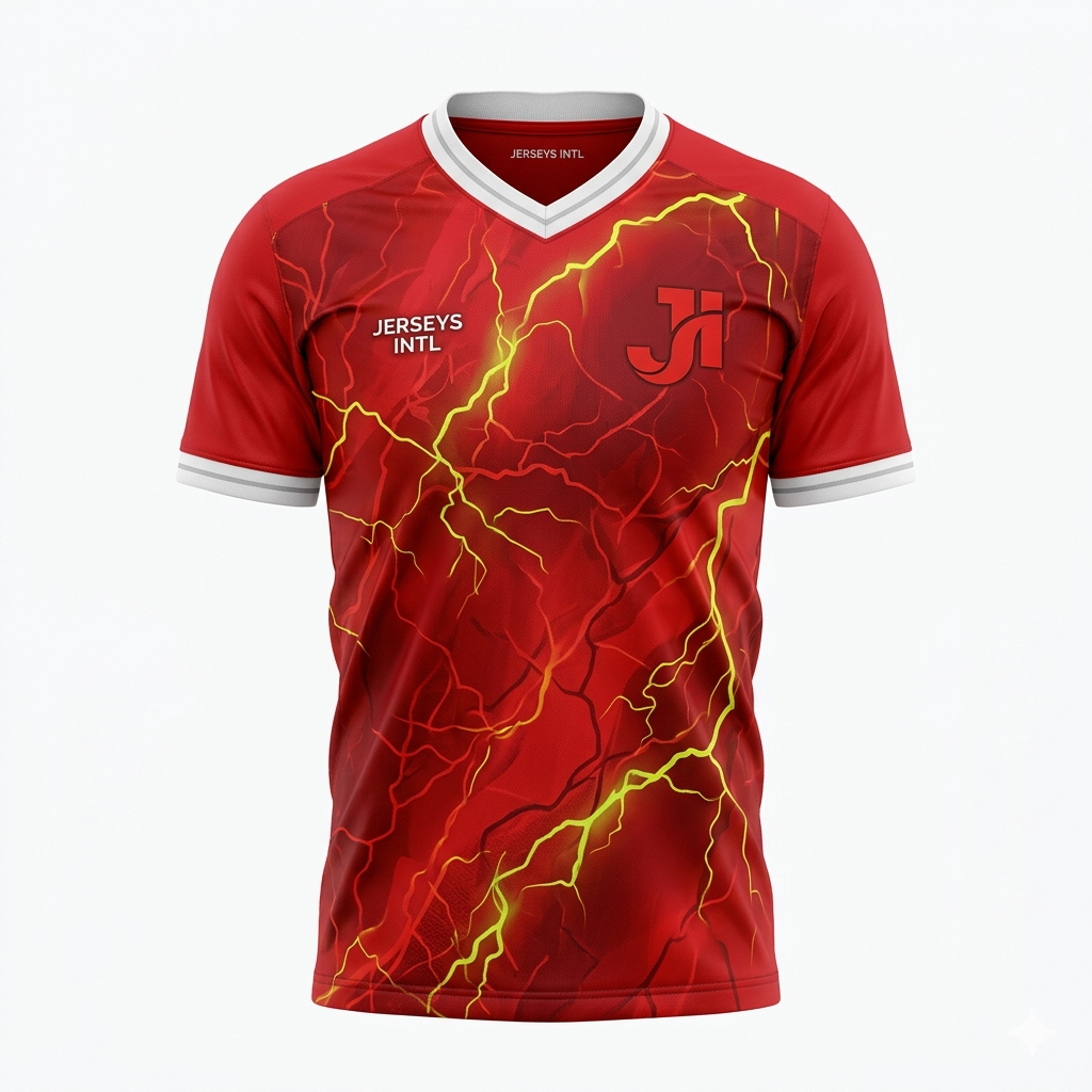 JERSEY INTL (JI) Branded Crimson Fuse Red Soccer Jersey - Volt Yellow &amp; Neon Graphic - Adult Performance Football Shirt