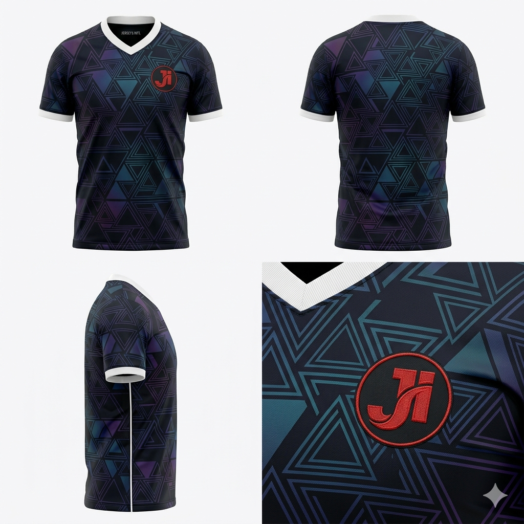 JERSEY INTL (JI) Branded Spectrum Iridescent Geometric Mosaic Soccer Jersey - Obsidian Black &amp; White - Adult Football Shirt